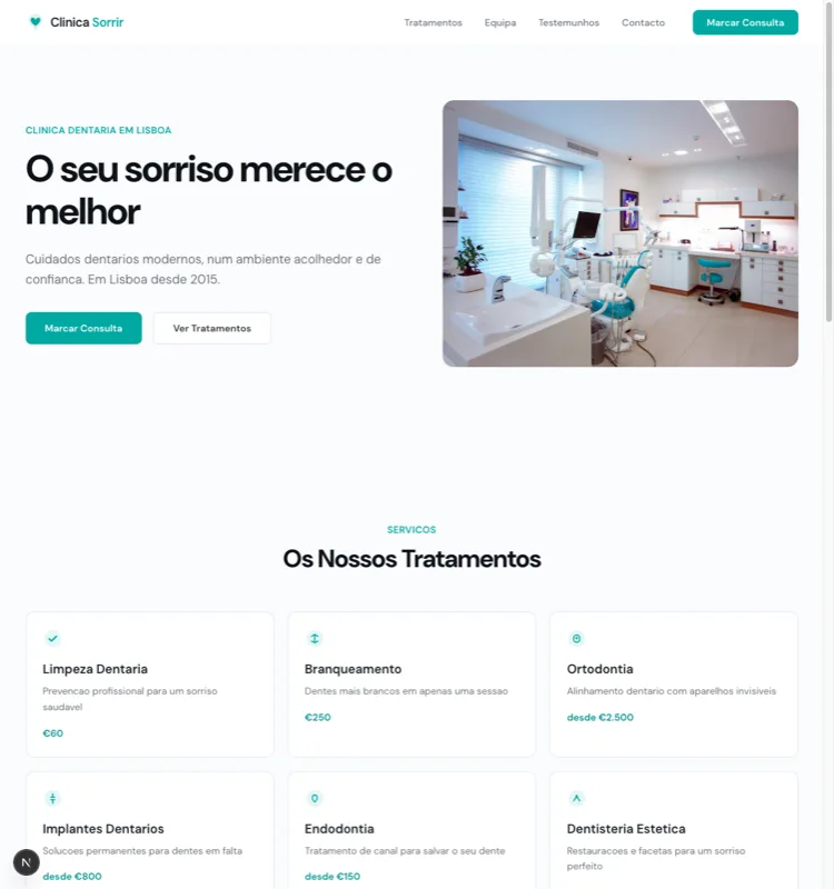 Presença online com agendamento integrado e páginas de tratamentos para clínica dentária.
